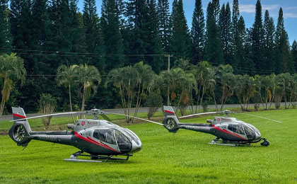 2 Maverick helicopters on the ground equipped with television cameras to perform formation flight for TV production.