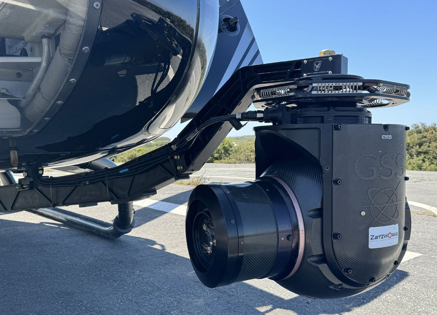 GSS camera system mounted on the nose of a Maverick Airbus EC130 helicopter for stabilized aerial filming.