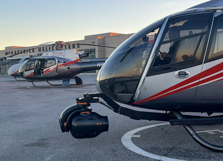 Close-up of SHOTOVER camera system mounted on an EC130 Maverick Helicopter for professional aerial filming.