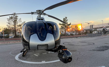 Maverick helicopter on the ground in Las Vegas, with a stabilzed SHOTOVER F1 camera system using Meeker mount.