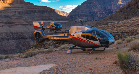 Descend to a private landing are deep within the Grand Canyon during the sunset hour