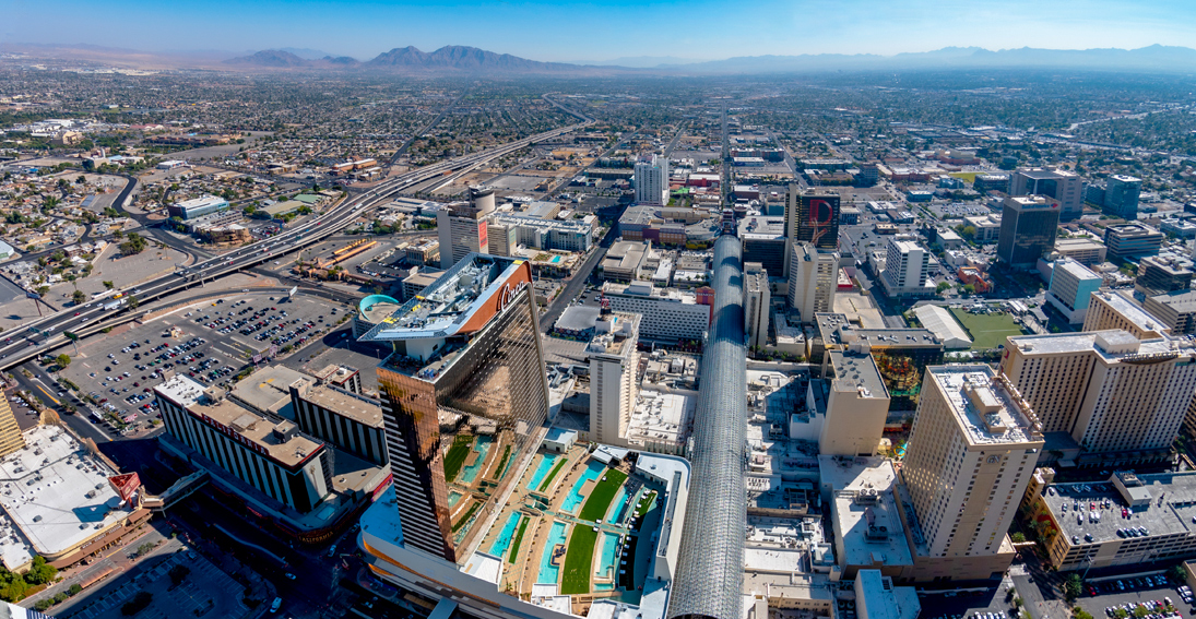 Above view of Circa's vibrant poolside scene in Downtown Las Vegas