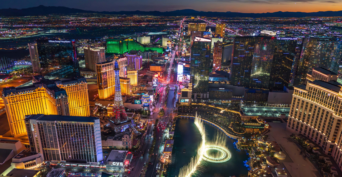 Aerial view of the Las Vegas Strip with the Bellagio Fountains show in action